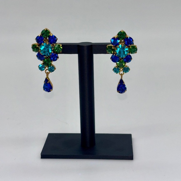 Jewelry - 1970s 1980s Leaf Plant Motif Marquise Cut Round Stone Gold Tone Vintage Earrings